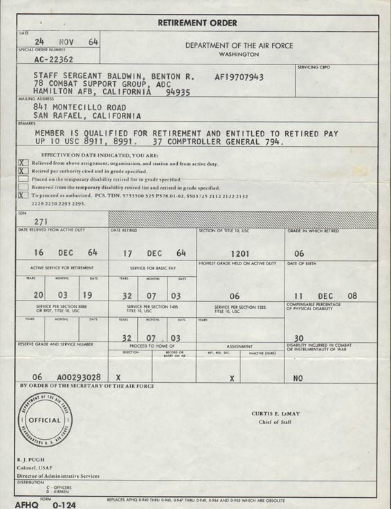 Retirement Order, November 24, 1964 (Source: Baldwin Family)